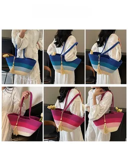 Collage of models styling gradient woven straw tote bags with colorful tassel details