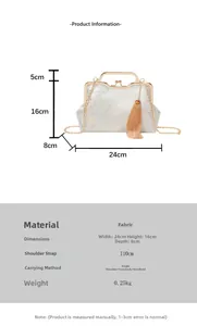 Detailed dimensions of ivory floral embroidery handbag with gold frame and tassel