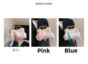 Three color variants of embroidered qipao handbags with silk tassels and metal handles