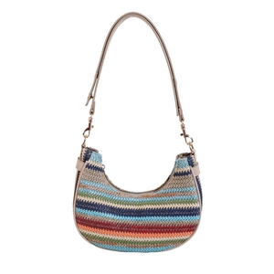 Striped straw hobo bag with colorful patterns and brown leather strap on white background