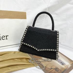 Elegant black rhinestone handbag for women with silver chain and crystal handle