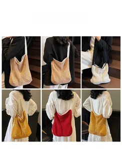 Detail shots showing hollow woven shoulder bags in khaki, white, yellow and red colors