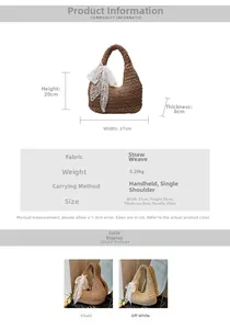Detail view of woven straw shoulder bag featuring decorative white lace bows and sizing info