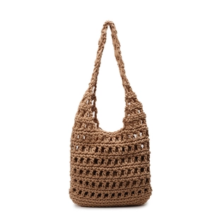 Handmade brown crochet tote bag with hollow woven pattern and wide shoulder strap