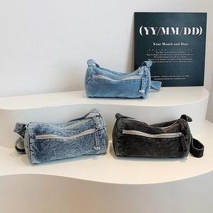 Sac À Épaule Tonneau En Denim Délavé Rétro Pour Femmes Sac À Main Cylindrique Zippé Style Y2K Décontracté