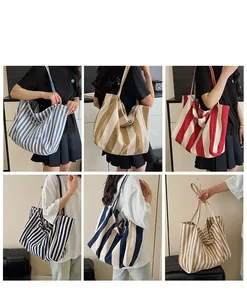Collage of model wearing oversized striped canvas tote bag in various color options