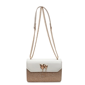 Sac à chaîne élégant avec fermoir chat en cuir blanc et paillettes dorées chic