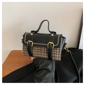 Fashion houndstooth plaid top handle bag with vintage leather straps and gold hardware