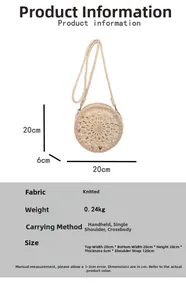 Tabella taglie con dimensioni 20x20x6cm per la borsa rotonda di paglia intrecciata