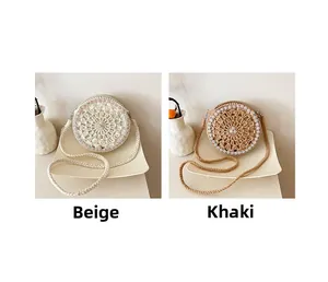 Borse circolari in paglia intrecciata beige e kaki stile bohémien con perline colorate