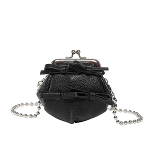 Classic black mini bow crossbody bag with silver bead chain and retro metal clasp