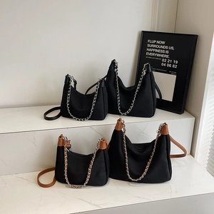 Women Contrast Color Canvas And PU Leather Crossbody Bag Large Capacity Shoulder Bag With Silver Chain Casual Daily Street