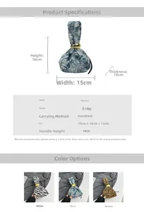 Detailed size specifications for leopard and floral print drawstring handbags