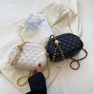Women Rhombic Quilted PU Leather Crossbody Bag Fashion Zippered Compartments Camera Bag Gold Chain Adjustable Golden Ball