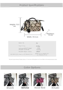 Size chart showing snakeskin pattern crossbody bag dimensions 19.5 x 13.5 x 7.5CM in PU