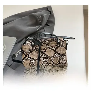 Close-up of snake skin pattern texture with silver hardware on a trendy square handbag