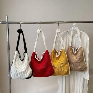 Handmade Crochet Tote Bag Cotton Knit Hollow Out Contrast Color Large Capacity Shoulder Handbag Bohemian Casual Retro Style