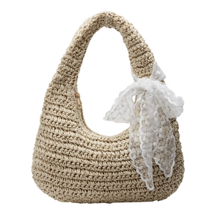 Large capacity beige woven shoulder bag with white lace bow and metal zipper detail