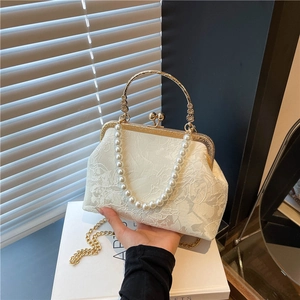 Lace pearl evening bag with gold metal frame and chain strap for summer 2025 style