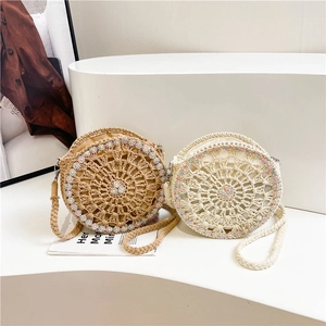 Borsa Tracolla Rotonda In Paglia Crochet Traforata Ricamo Floreale Borsa A Spalla Vacanze Mare Estate Per Donna