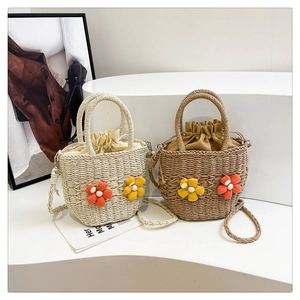 Women Straw Woven Handbag 3D Floral Decor Summer Beach Bucket Bag With Drawstring Liner Round Handle Crossbody