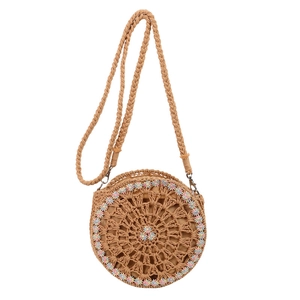 Borsa a tracolla rotonda in paglia bohémien con ricamo floreale e tracolla intrecciata