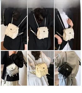 Collage of quilted heart pattern mini backpacks with chain straps in four colors