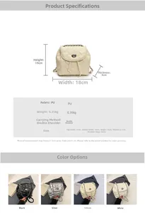 Detailed size chart for heart-quilted PU backpack with chain and twist lock mechanism