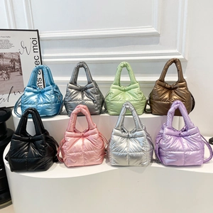 Women's Quilted Puffer Tote Bag Metallic Luster Padded Shoulder Bag Adjustable Strap Fashion Crossbody Handbag For Daily Use