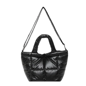 Quilted black nylon puffer tote bag with glossy finish and shoulder strap for women