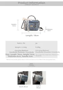 Detailed size chart for quilted denim box bag showing dimensions 18x12x8 cm and PU material