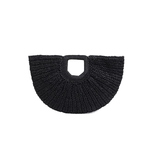 French vintage black hand-woven straw handbag with semi-circular design and square handle