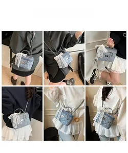 Detailed views of light blue quilted box bag with lace bow and chain strap in daily use