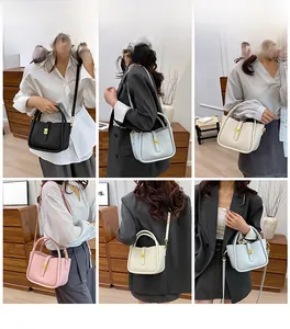 Collage of leather handbags in various colors shown on model in a cozy interior