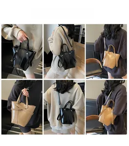 Detailed views of vintage bucket bag in black and brown leather showing various carrying styles