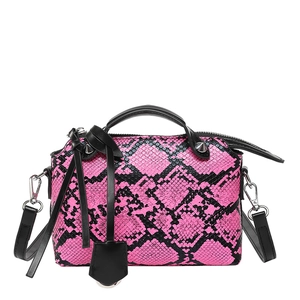 Pink and black snakeskin texture handbag with top handles and silver-tone hardware accents