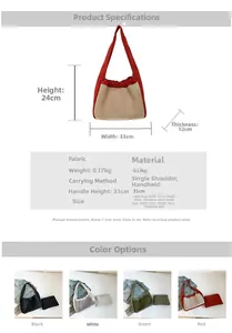 Guide des tailles affichant les dimensions du sac en toile et la hauteur des anses