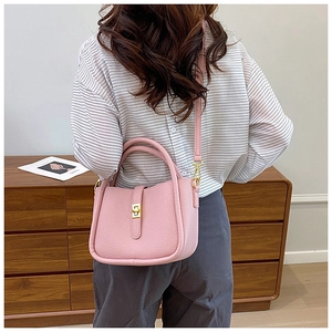Detail of pink lychee textured leather bag with gold buckle and elegant top handle