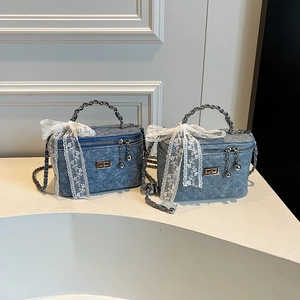 Denim Quilted Box Bag With Lace Bow Retro Sweet Crossbody Handbag Silver Metal Chain Strap Elegant Casual For Women