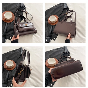 Detail view of vintage dark brown faux leather handbag showing multiple angles and texture