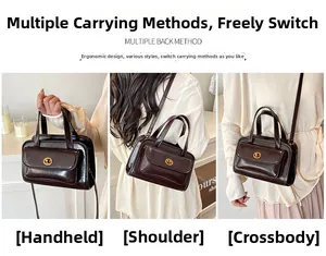 Three-way carry view of a coffee retro handbag showing handheld, shoulder, and crossbody use