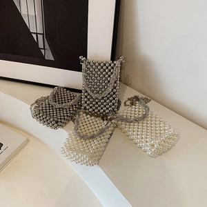 Kids Girls Mini Crossbody Bag Artificial Pearl Bead Woven Handbag Rhinestone Handle Metal Chain Strap Fashion Bucket Bag