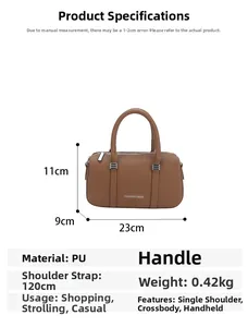 Brown PU Boston bag dimension chart showing length 23cm height 11cm with 120cm strap