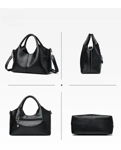 Multi-angle view of black sheepskin bucket bag showing back zipper and detachable strap