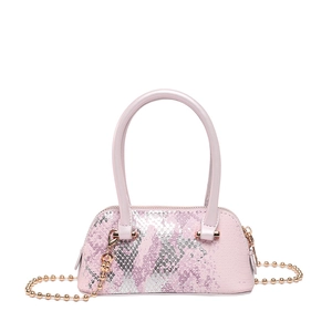 Pink sequin shell bag with snakeskin texture and gold chain strap for women