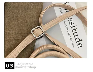 Detail of adjustable slim shoulder strap with silver buckle on beige textured handbag