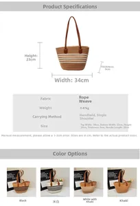 Tableau des tailles et couleurs pour sac cabas en corde tissée avec dimensions et poids