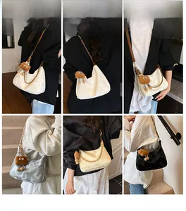 Detailed views of glossy leather tote bags with gold chains and plush charms in various colors