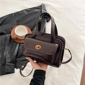 Vintage dark brown square handbag with gold rotating lock and detachable shoulder strap