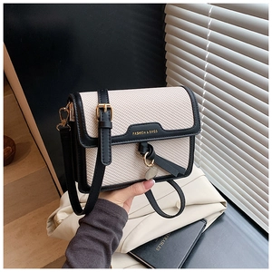 Detail of cream woven handbag with black leather trim and golden metal clasp closure